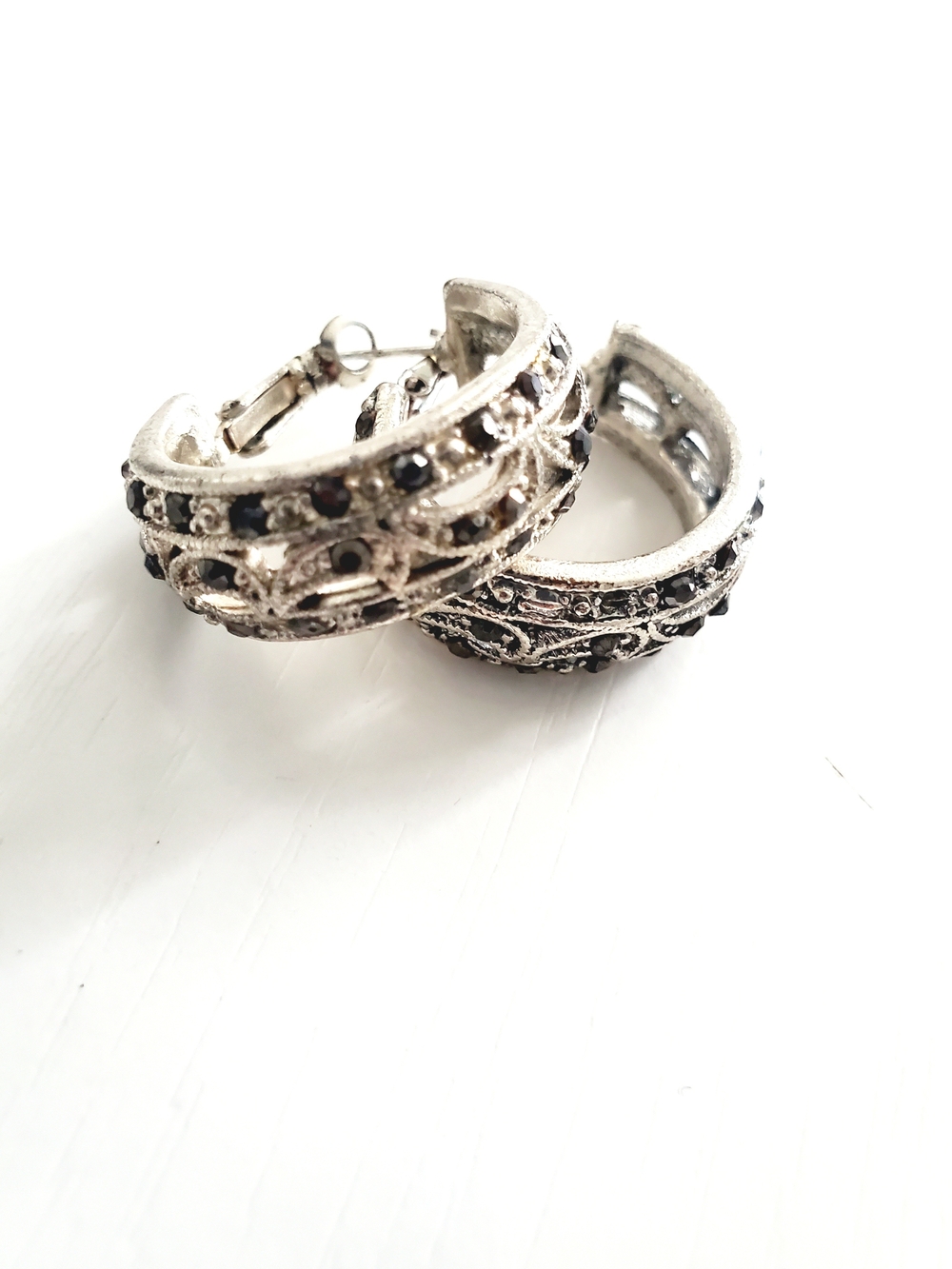 Silver-Tone Filigree Hoop Earrings with Black Accents